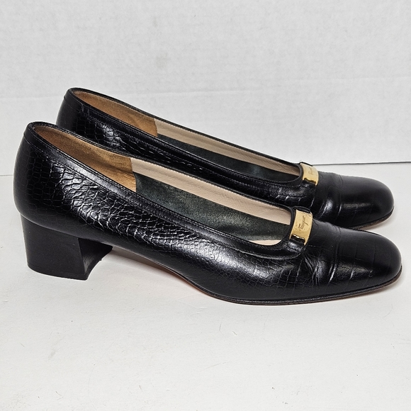 Vtg Salvatore Ferragamo Black Wmn A4 Extra Narrow Croc Embossed Pumps - Picture 4 of 10